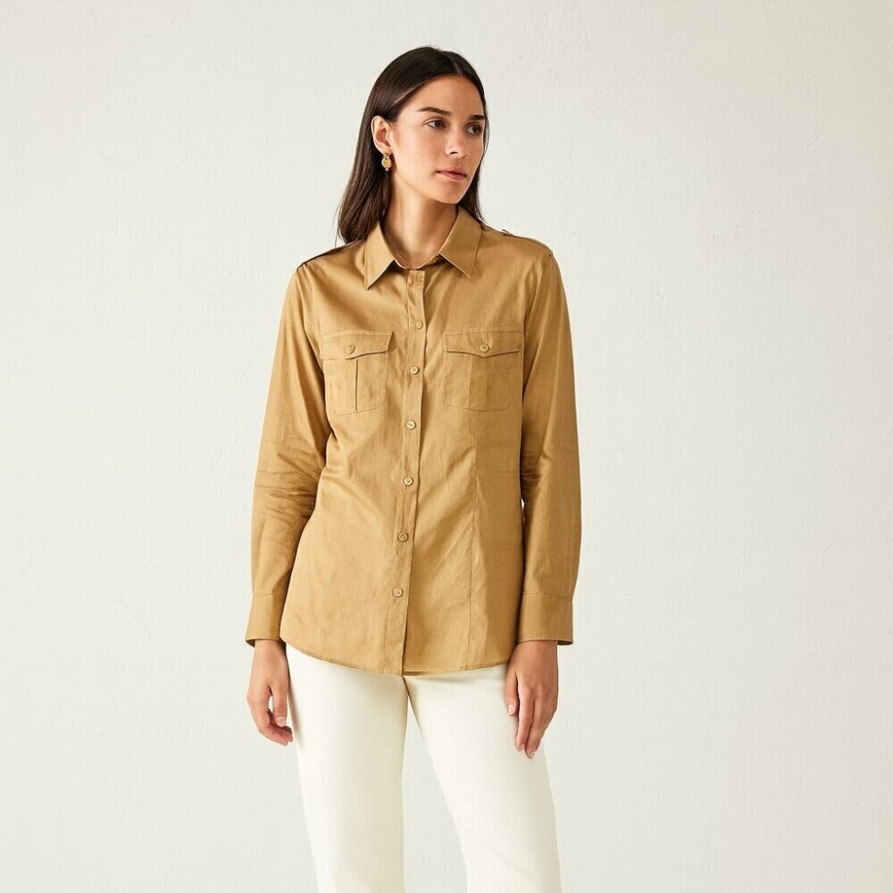 Luisa Cerano Tan Button Down Shirt Size 14 Utility Cotton Blouse Workwear